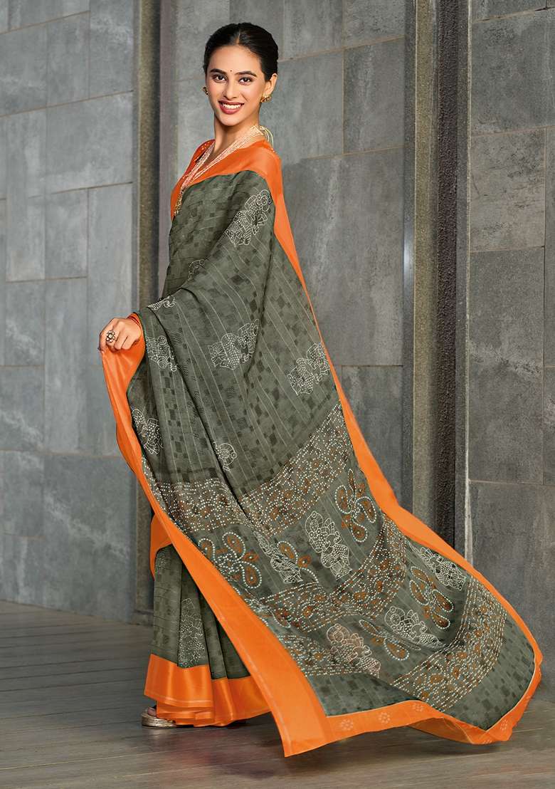Charcoal Grey Printed Georgette Saree Set - Indya