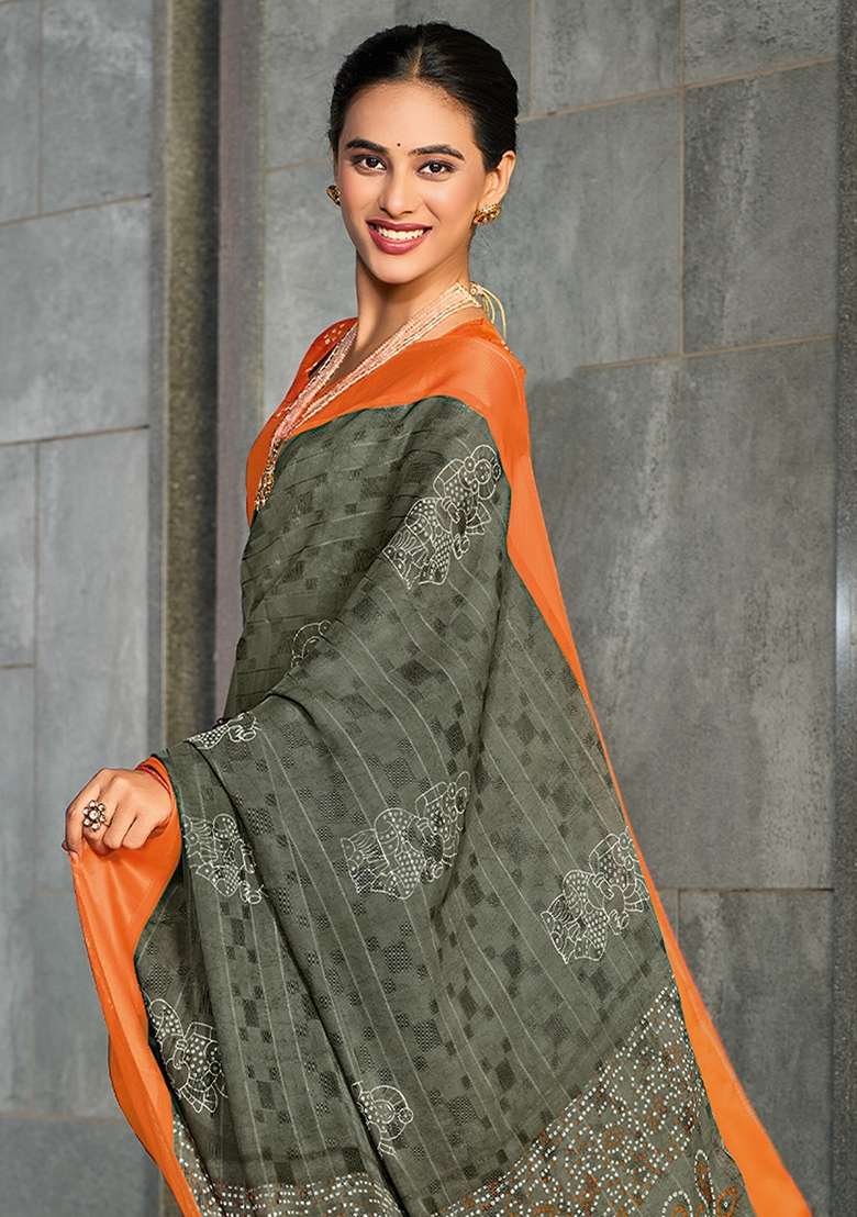 Charcoal Grey Printed Georgette Saree Set - Indya