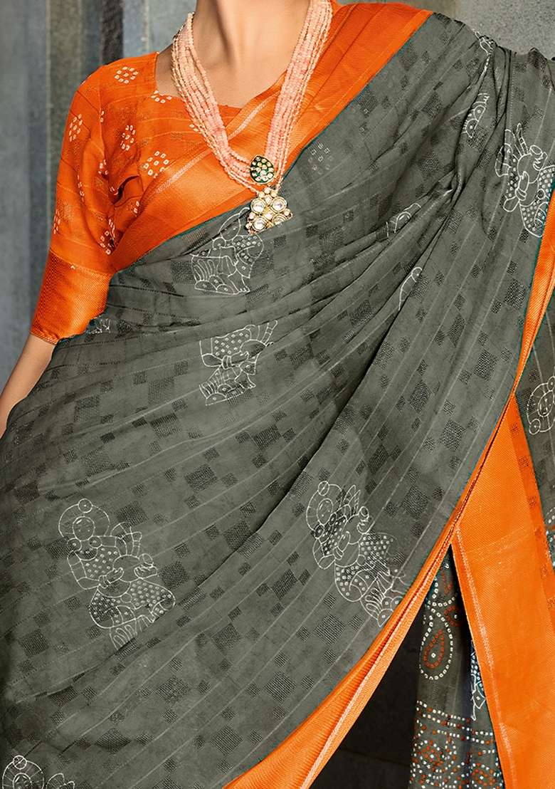 Charcoal Grey Printed Georgette Saree Set - Indya