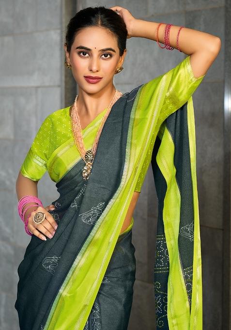 Grey Printed Georgette Saree Set