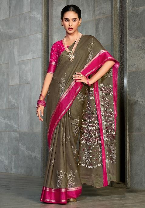 Olive Printed Georgette Saree Set