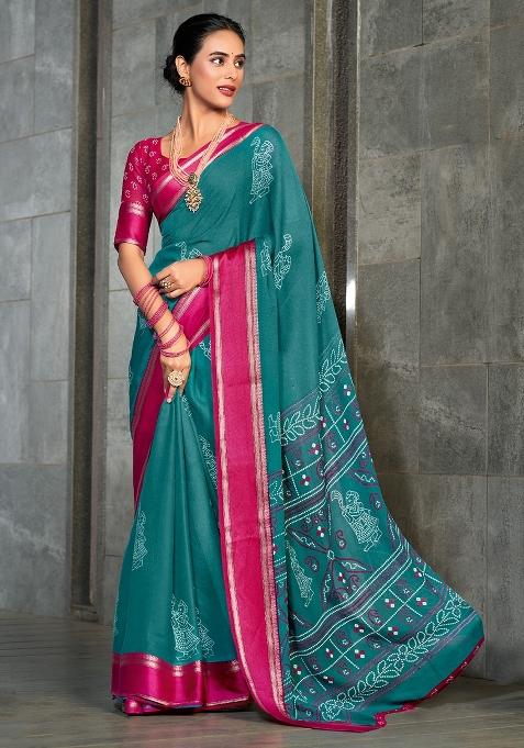 Teal Green Printed Georgette Saree Set