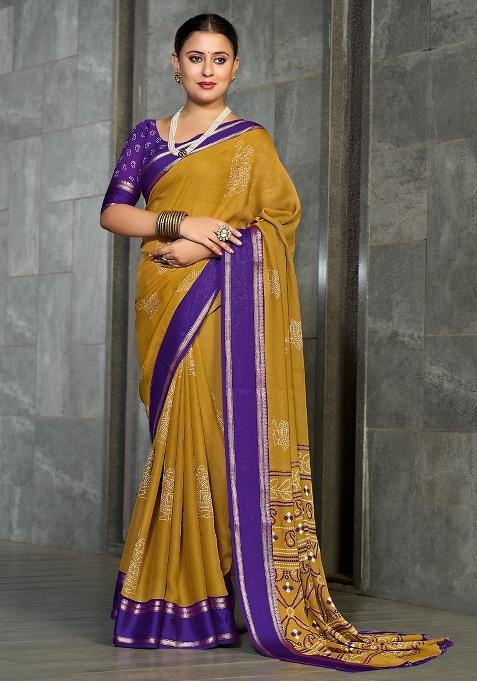 Mustard Printed Georgette Saree Set