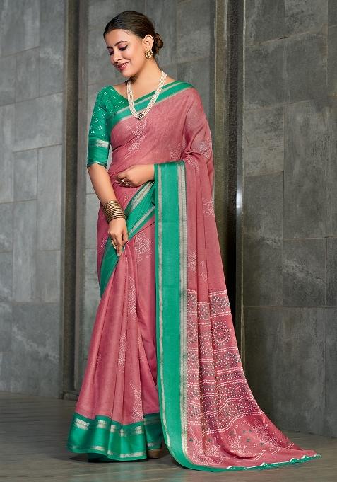 Pink Printed Georgette Saree Set