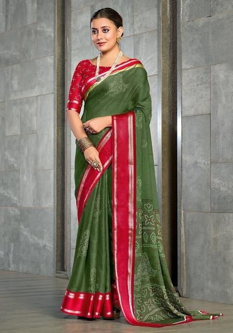 Green Printed Georgette Saree Set — view on Indya