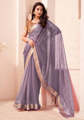Lavender Woven Design Georgette Saree Set