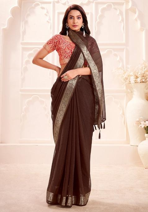 Coffee Brown Woven Design Georgette Saree Set — view on Indya