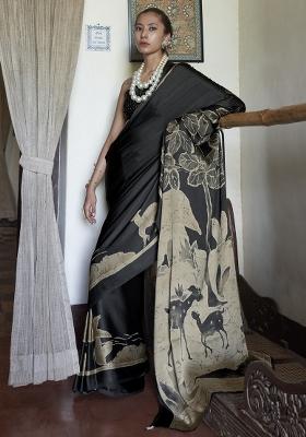 Black Printed Satin Saree Set