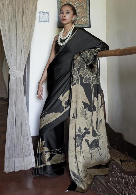 Black Printed Satin Saree Set