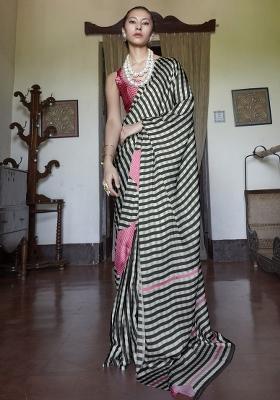 Beige Printed Satin Saree Set