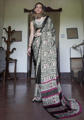 Black Printed Satin Saree Set