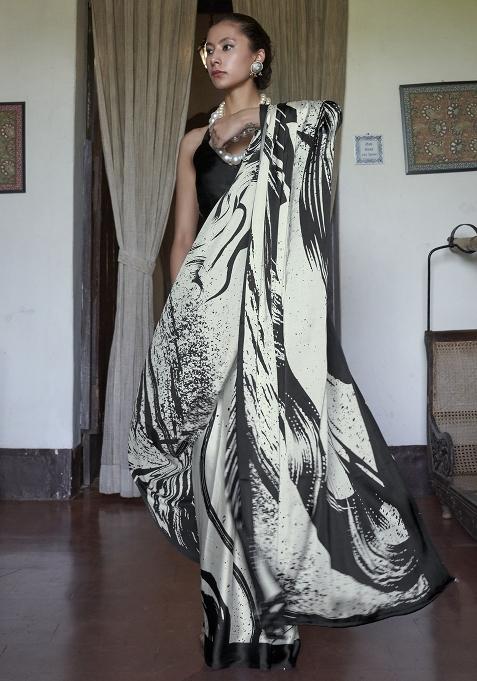 Beige Printed Satin Saree Set