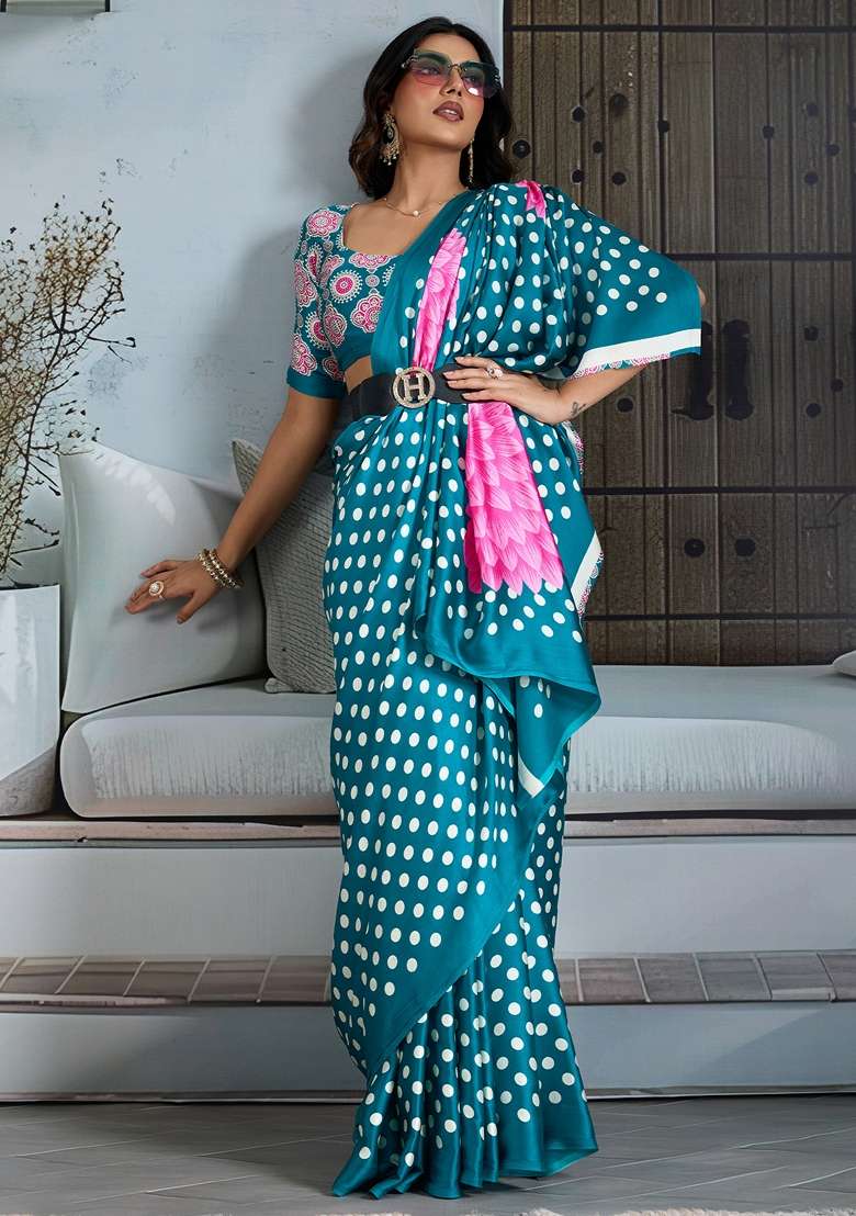 Teal Blue Satin Saree Set with Printed for Diwali | Wedding & Festive Wear - Indya