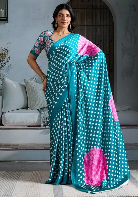 Teal Blue Printed Satin Saree Set