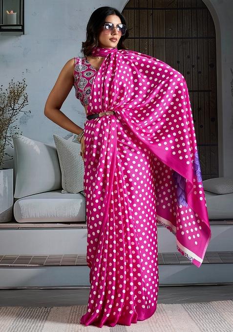 Pink Printed Satin Saree Set