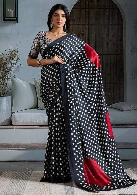 Black Printed Satin Saree Set