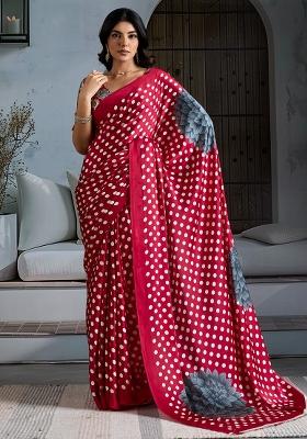 Maroon Printed Satin Saree Set