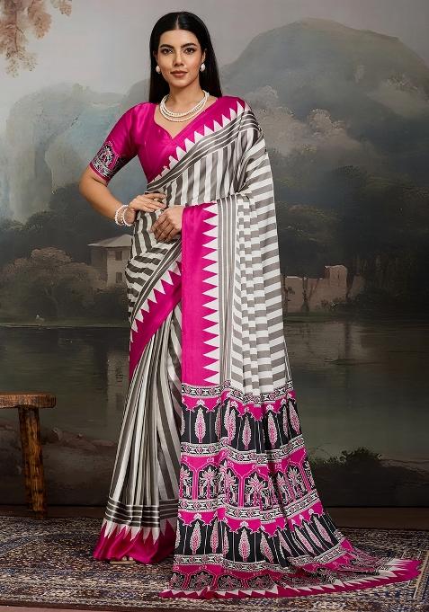 Pink Printed Satin Saree Set
