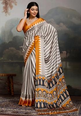 Mustard Printed Satin Saree Set