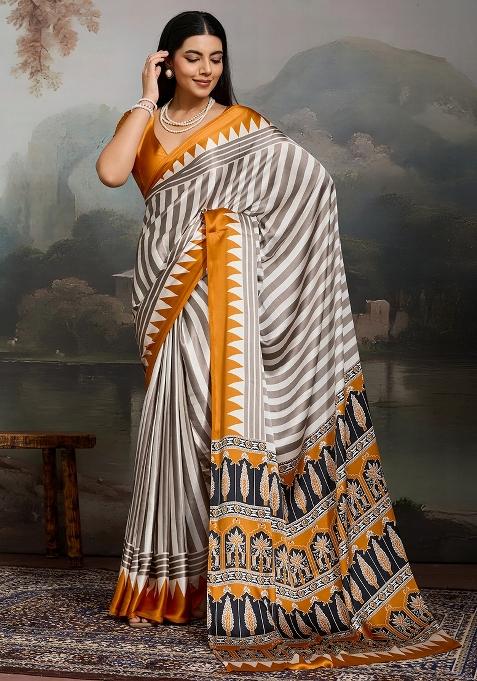 Mustard Printed Satin Saree Set