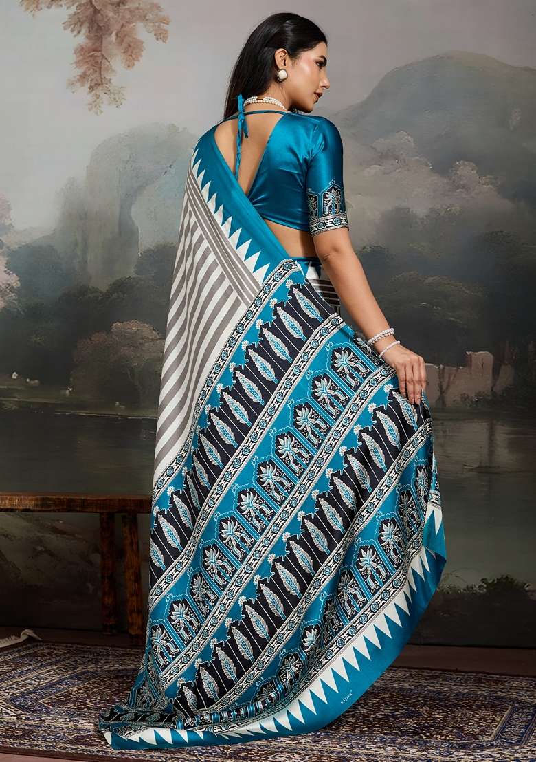 Teal Blue Satin Saree Set with Printed for Diwali | Wedding & Festive Wear - Indya