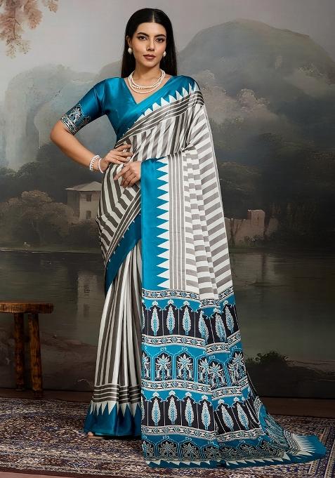 Teal Blue Printed Satin Saree Set