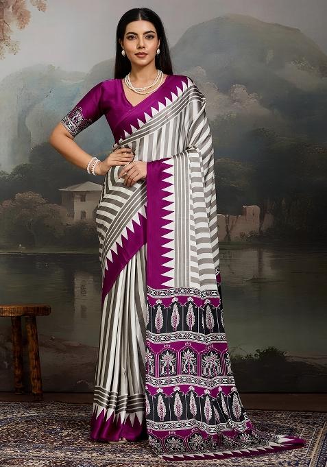 Purple Printed Satin Saree Set