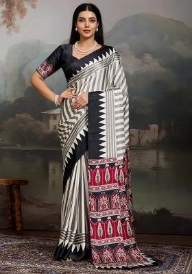 Black Printed Satin Saree Set
