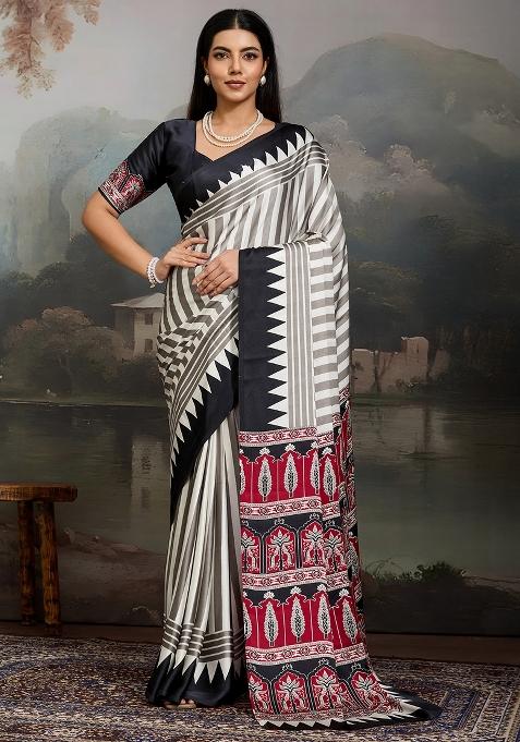 Black Printed Satin Saree Set