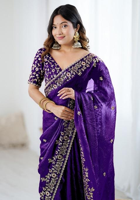 Purple Embellished Chiffon Saree Set