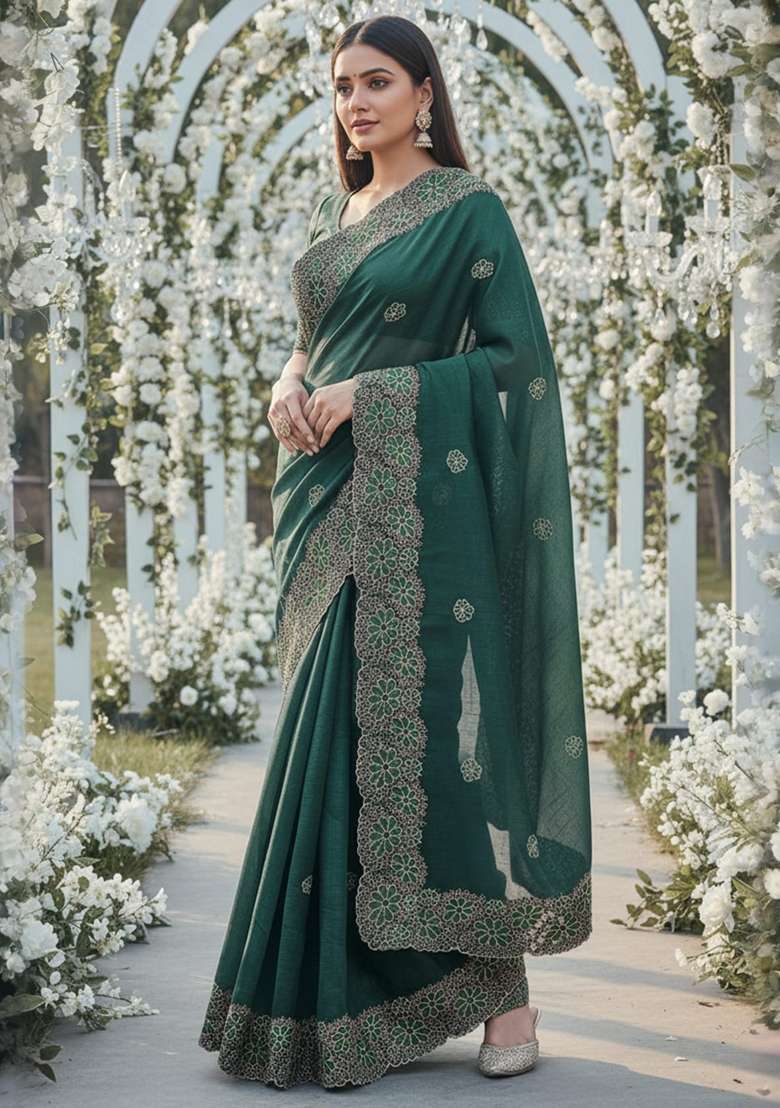 Green Embroidered Chiffon Saree Set for Diwali and Festive Wear - Indya