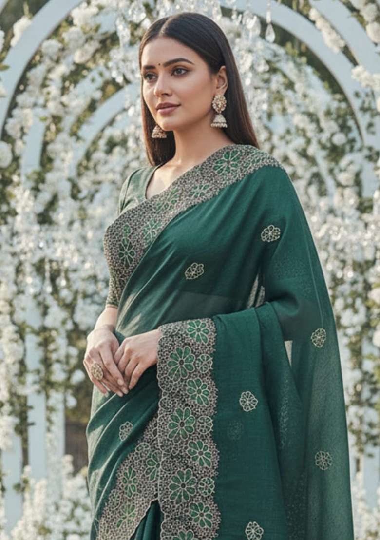 Green Embroidered Chiffon Saree Set for Diwali and Festive Wear - Indya