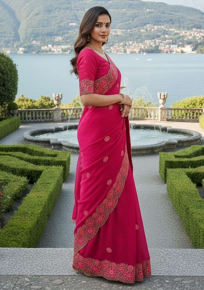 Red Chiffon Saree Set with Embroidered for Diwali | Wedding & Festive Wear - Indya