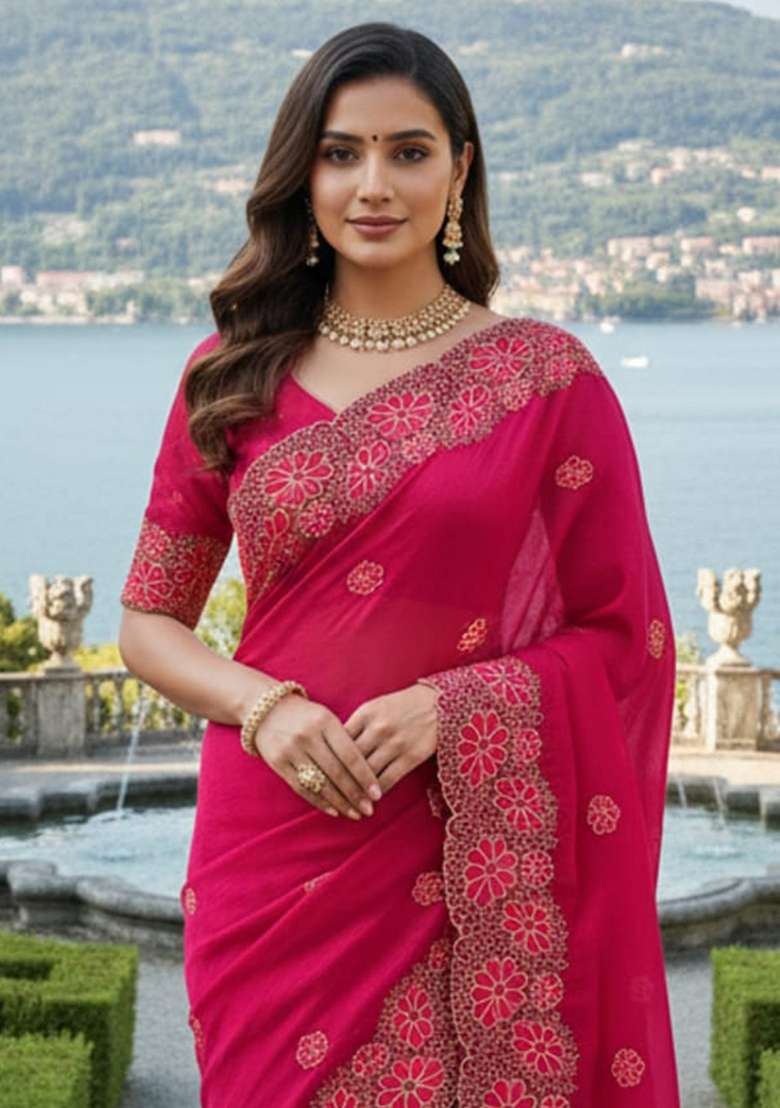 Red Chiffon Saree Set with Embroidered for Diwali | Wedding & Festive Wear - Indya