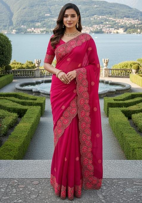 Red Embroidered Chiffon Saree Set — view on Indya