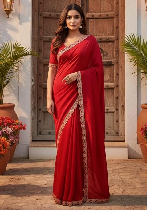 Red Embellished Silk Blend Saree Set