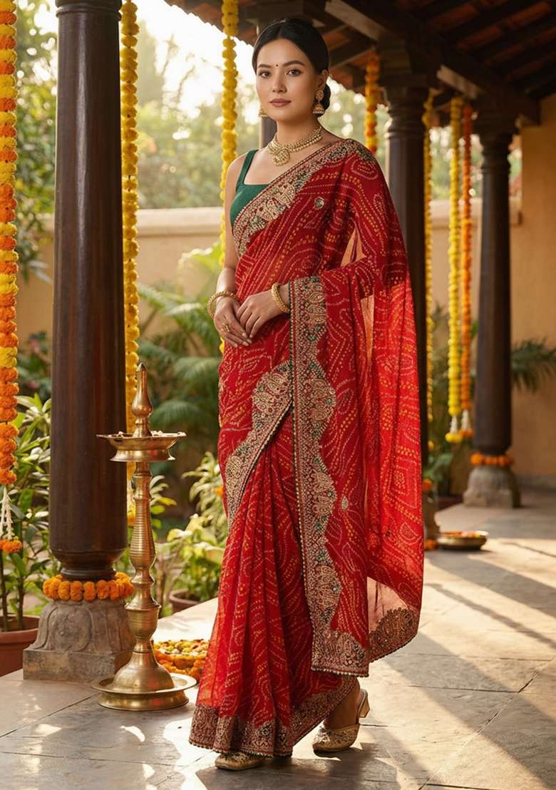 Red Georgette Saree Set with Embroidered for Diwali | Wedding & Festive Wear - Indya