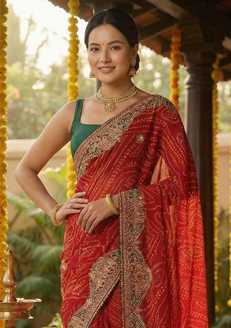 Red Georgette Saree Set with Embroidered for Diwali | Wedding & Festive Wear - Indya