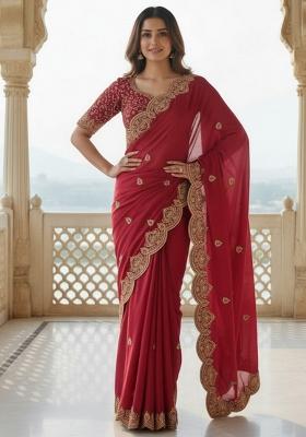 Maroon Embroidered Georgette Saree Set