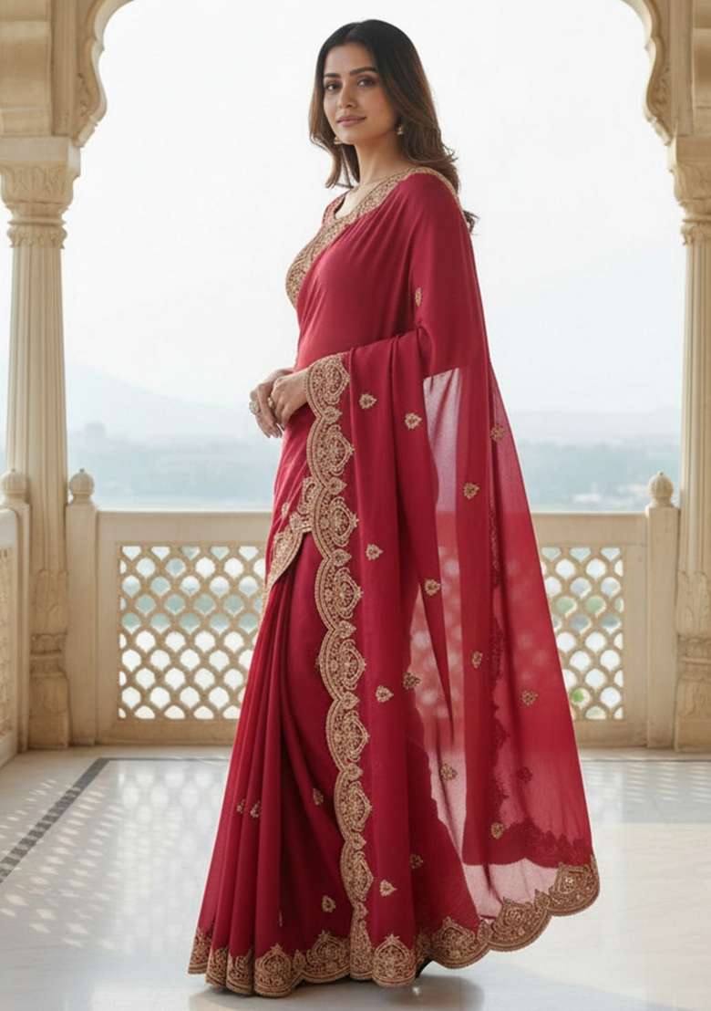 Maroon Georgette Saree Set with Embroidered for Diwali | Wedding & Festive Wear - Indya