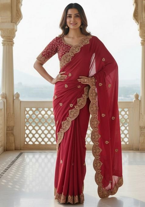 Maroon Embroidered Georgette Saree Set — view on Indya