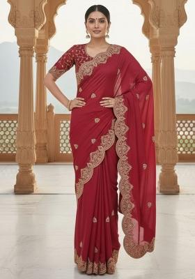 Pink Embroidered Georgette Saree Set