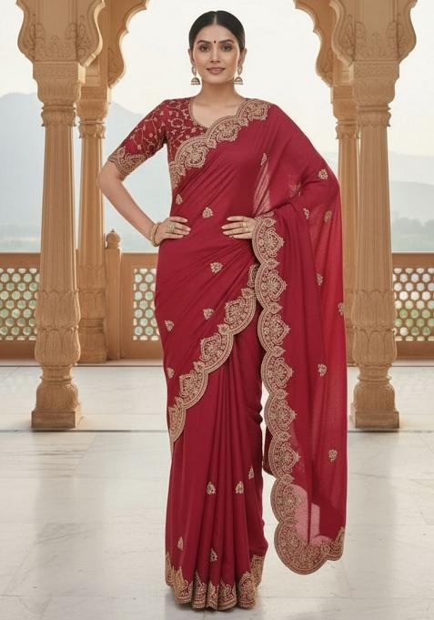 Pink Embroidered Georgette Saree Set — view on Indya