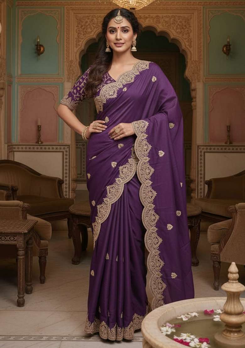 Purple Embroidered Georgette Saree Set - Indya