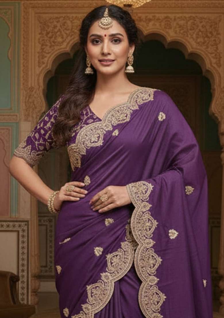 Purple Embroidered Georgette Saree Set - Indya