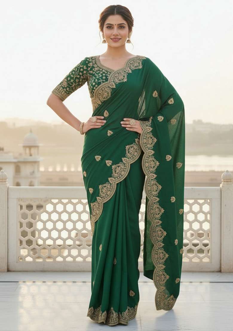 Green Embroidered Georgette Saree Set for Diwali and Festive Wear - Indya