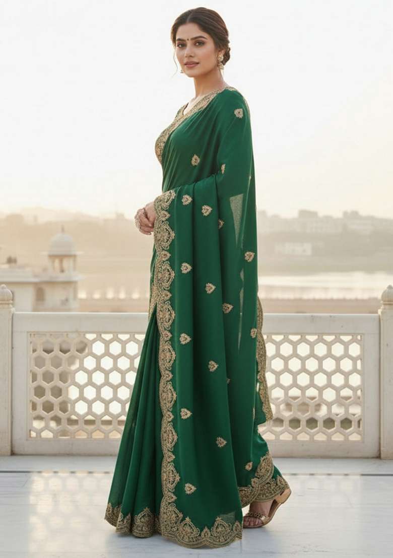 Green Embroidered Georgette Saree Set for Diwali and Festive Wear - Indya