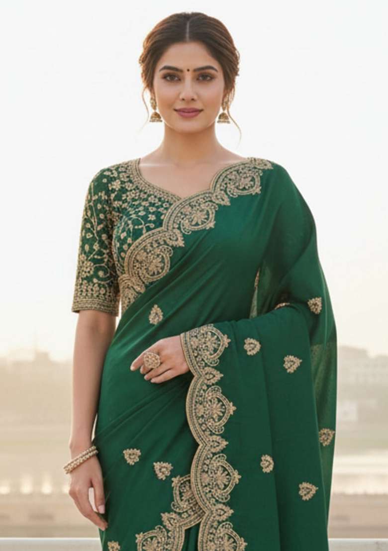 Green Embroidered Georgette Saree Set for Diwali and Festive Wear - Indya