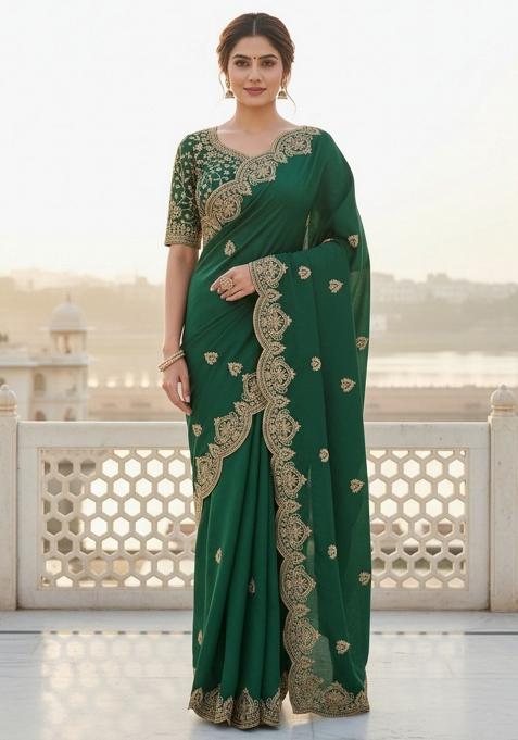 Green Embroidered Georgette Saree Set