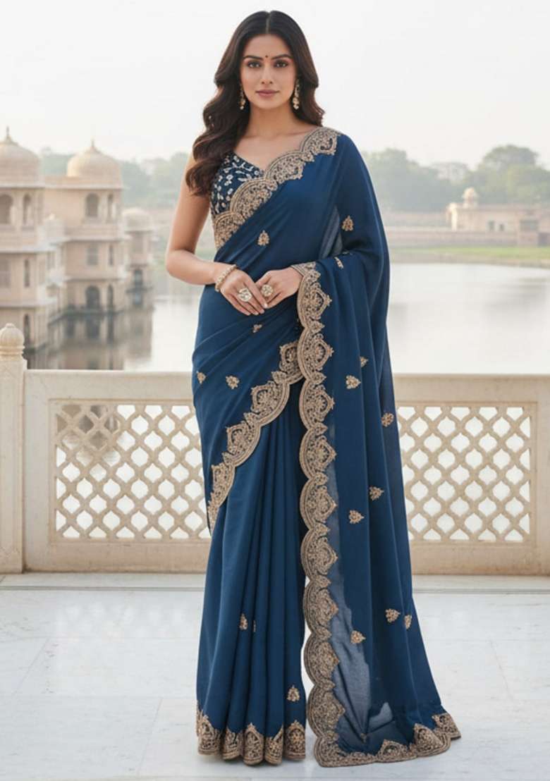 Blue Georgette Saree Set with Embroidered for Diwali | Wedding & Festive Wear - Indya